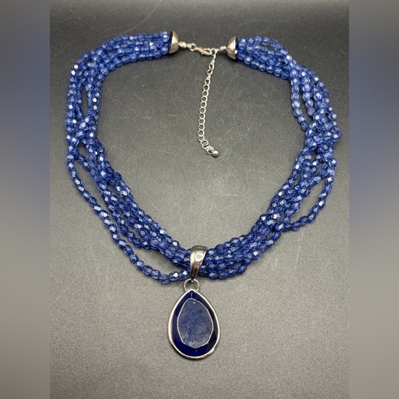 Jewelry - Multi Strand Blue Beaded Faux Gemstone Pendant Choker Necklace, Jewelry Gifts